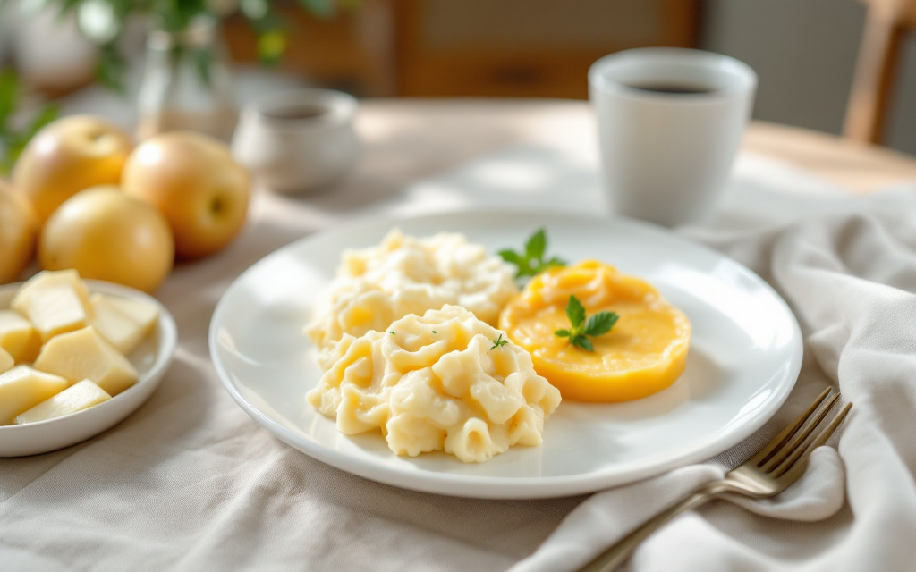 A breakfast table setup featuring a white plate with scrambled eggs and a sliced peach garnished with mint, accompanied by a bowl of chopped fruit. In the background, whole apples and a cup of coffee are visible.