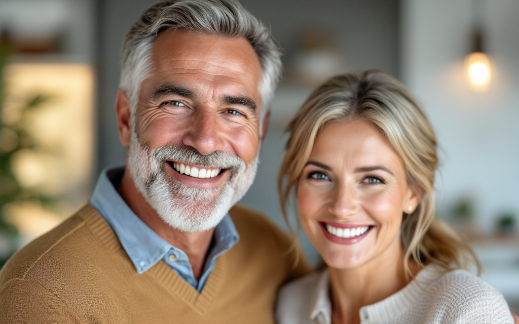 Smiling middle-aged couple posing indoors with soft lighting; both are dressed in casual, comfortable clothing.