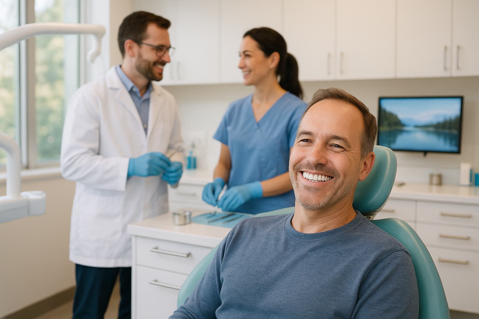 Man sitting in a dental chair smiling, with a dentist and dental assistant in the background wearing gloves, in a modern dental office setting.