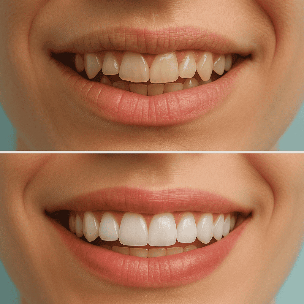 Before-and-after comparison of a smile: top shows yellowed, uneven teeth; bottom shows bright, white, even teeth.