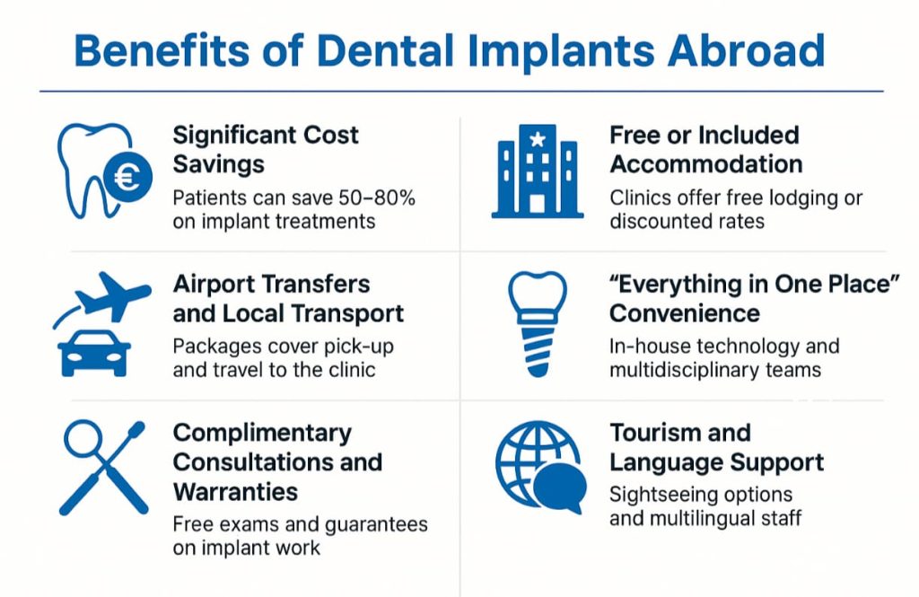 Blue-and-white infographic titled ‘Benefits of Dental Implants Abroad’ listing cost savings, free accommodation, transport packages, all-in-one clinics, complimentary consultations and warranties, plus tourism and language support, with matching icons for each point