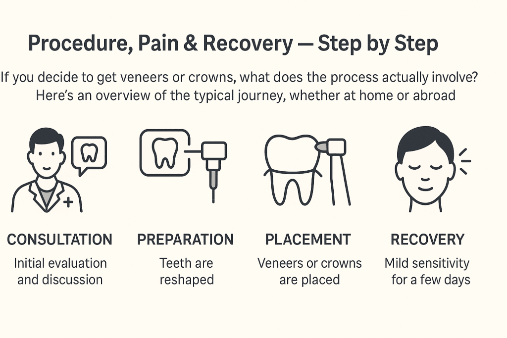 Infographic showing the four steps of getting veneers or crowns:
Consultation – evaluation and discussion.
Preparation – teeth are reshaped.
Placement – veneers or crowns are fitted.
Recovery – mild sensitivity for a few days.