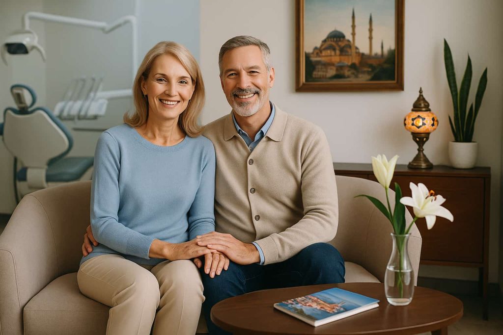 Middle-aged couple smiling in a modern dental clinic waiting room with Turkish lamp, travel brochure, and elegant decor – representing all-inclusive dental packages in Hungary and Istanbul.