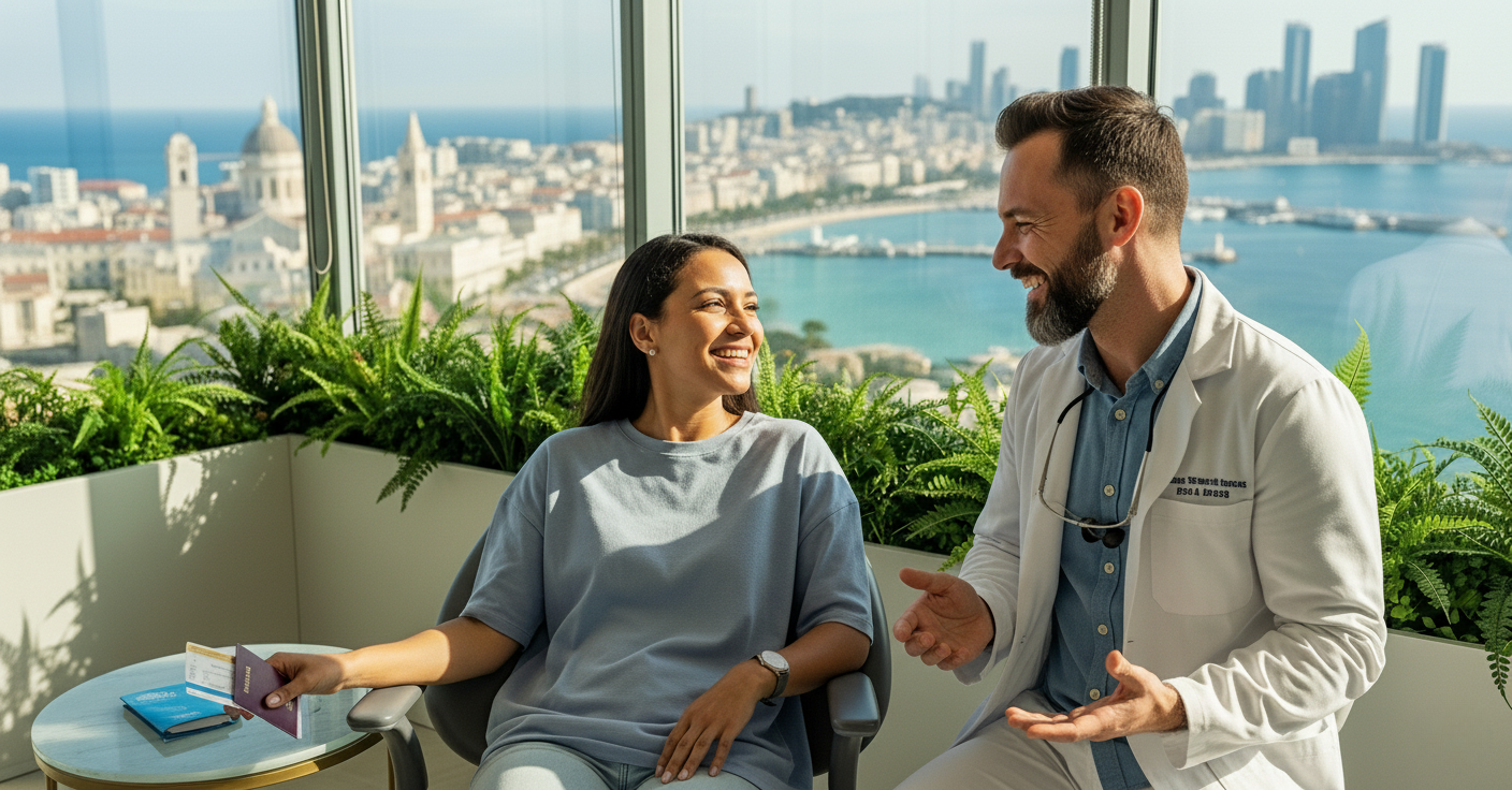 A friendly dentist and a smiling female patient have a consultation at a table in a bright, modern dental clinic with advanced equipment in the background.
