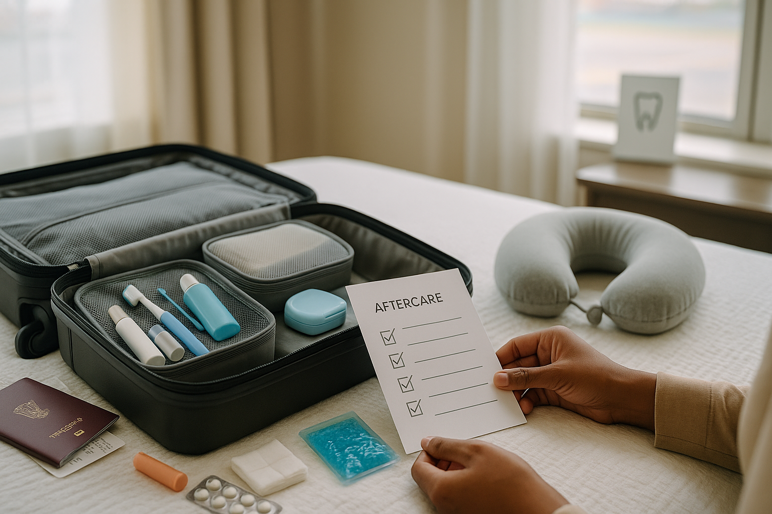 Hotel packing scene for dental tourism: open carry-on with dental kit, aftercare checklist, passport and neck pillow; airport view.