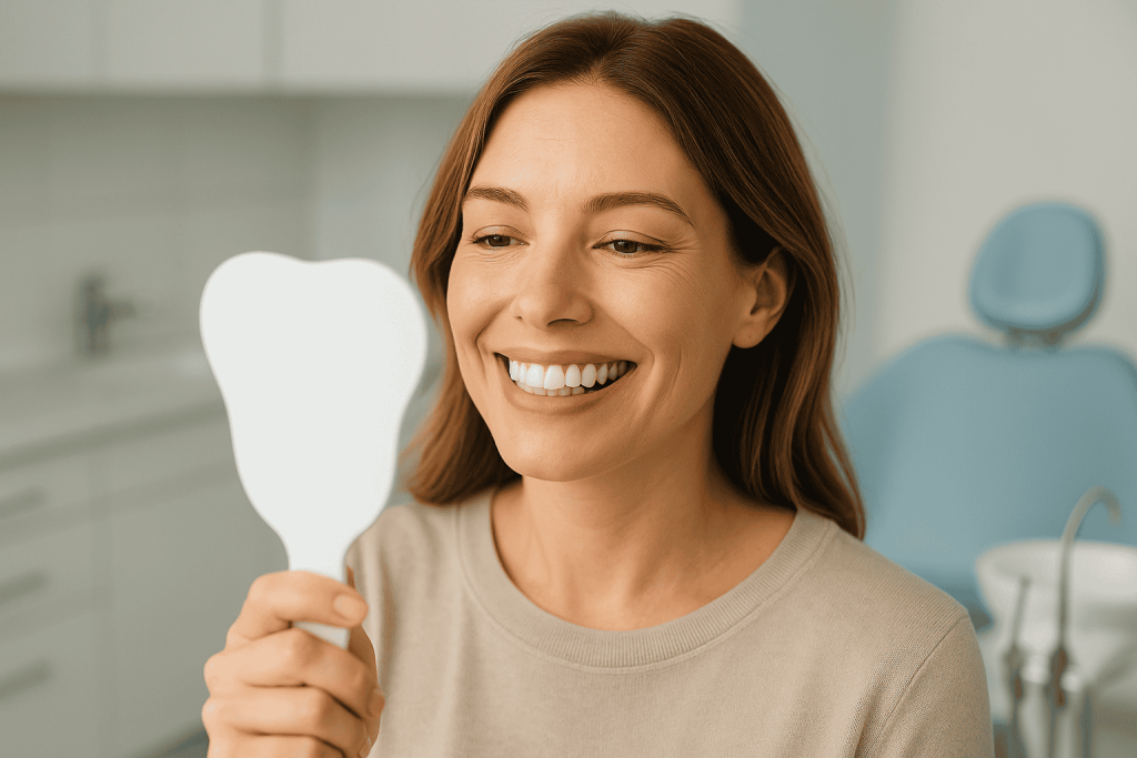 a woman at dentist holding a mirror nad inspecting teeth