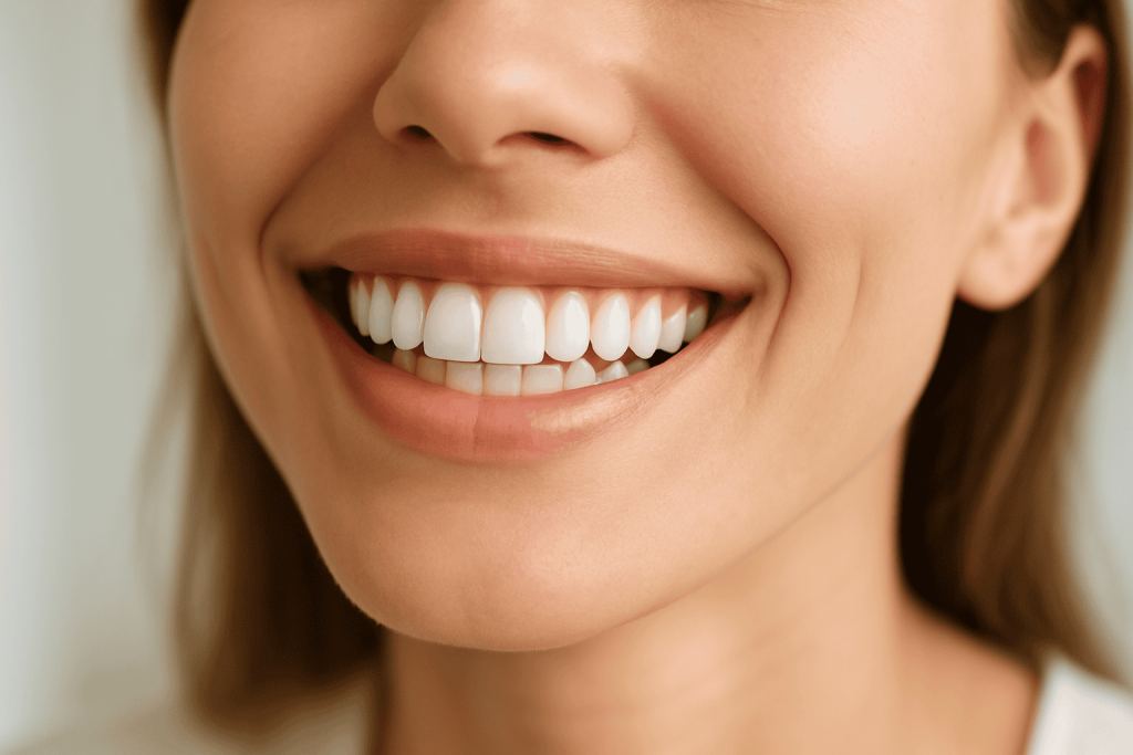 Close-up of a person smiling, showing straight, white teeth.