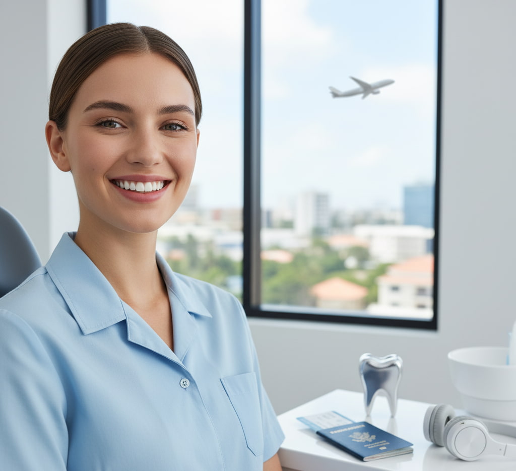 Close-up of a happy, confident patient with a bright, healthy smile, standing in a bright, modern dental clinic. The background includes a blurred view of a sunny coastal town and a subtle passport and headphones, signifying dental tourism.