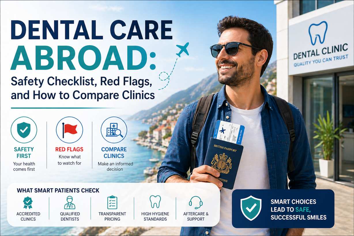 Man traveling for dental care abroad checking safety checklist, red flags, and tips for comparing dental clinics